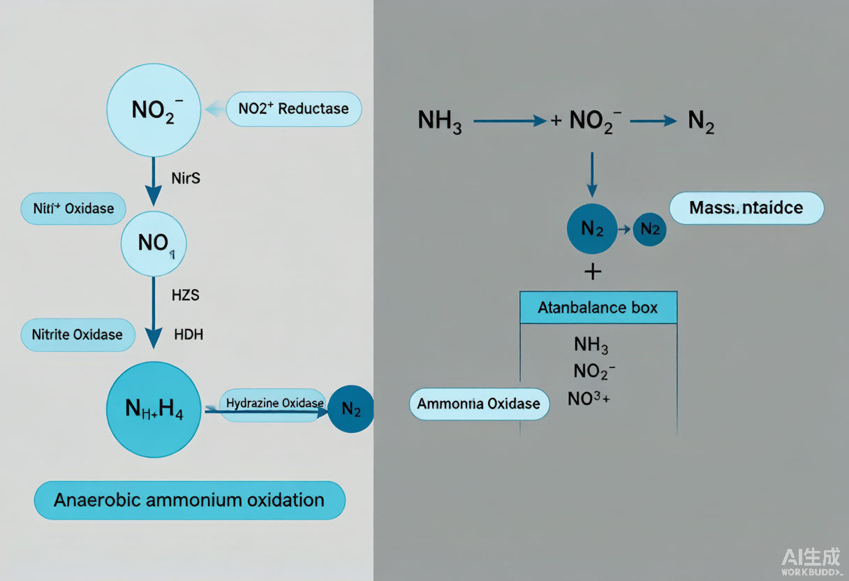 Anammox 三步酶促（NO₂⁻→NO→N₂H₄→N₂）与 PN/A 物料平衡（氨+亚硝酸根→N₂ + 少量 NO₃⁻）