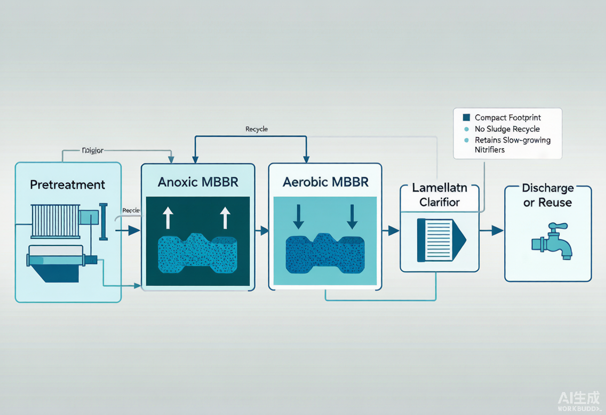 MBBR combined process flow: pretreatment → anoxic/aerobic MBBR → clarification/filtration → discharge or reuse