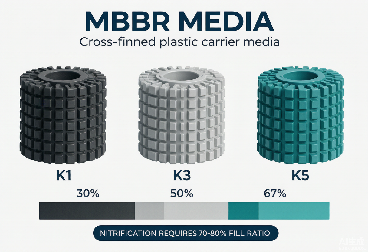 Kaldnes K1/K3/K5 carriers and typical filling fraction ranges