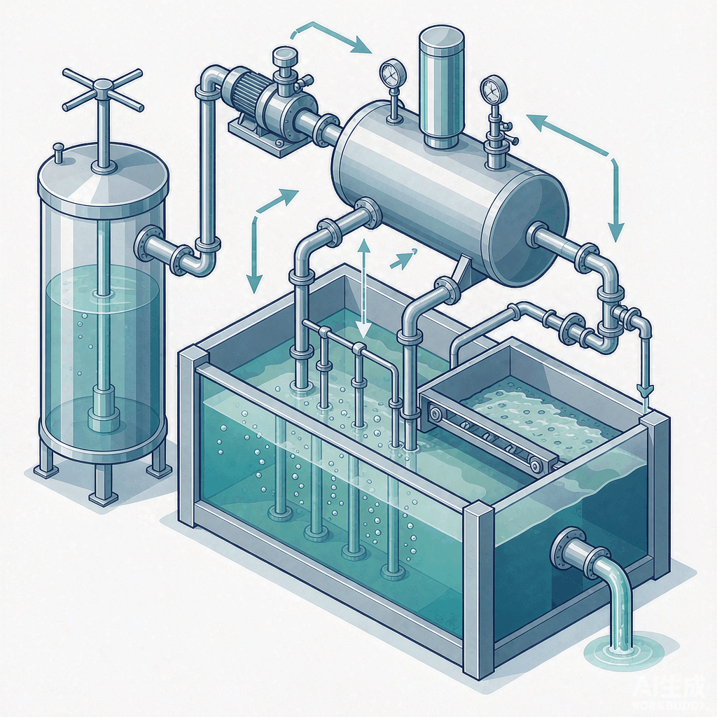 DAF process flow diagram: flocculation tank, recycle pump, saturation tank, release nozzle, flotation tank with surface skimmer and clarified water outlet