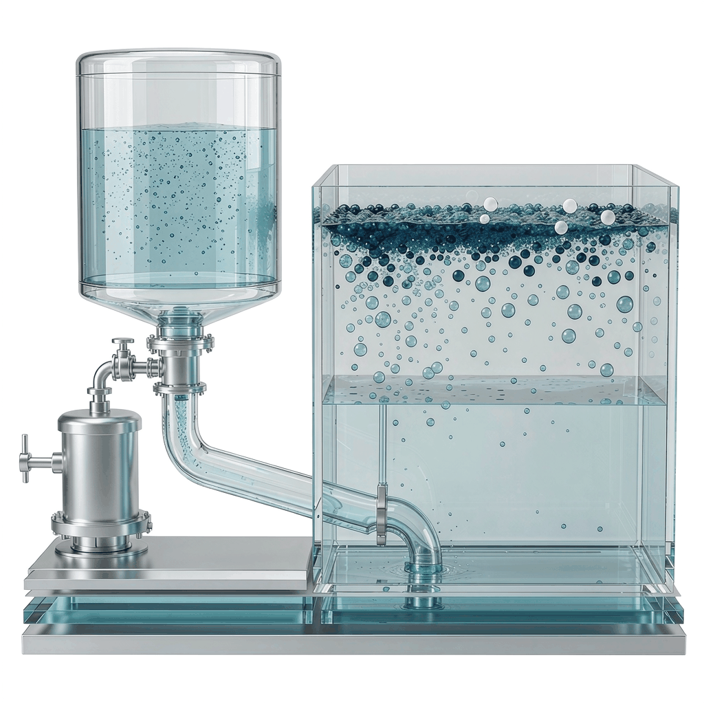 DAF mechanism cross-section: pressurized dissolution in saturator, micro-bubble generation at release nozzle, micro-bubbles adhering to oil droplets and flocs rising as scum layer, clarified water exiting from bottom