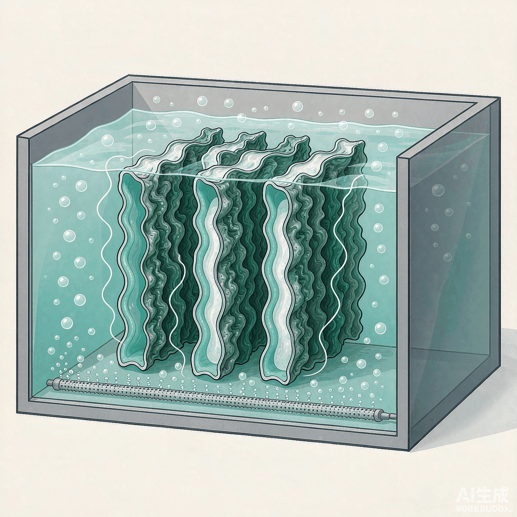 生物接触氧化池剖面：淹没填料、底部微孔曝气、生物膜分层好氧/厌氧