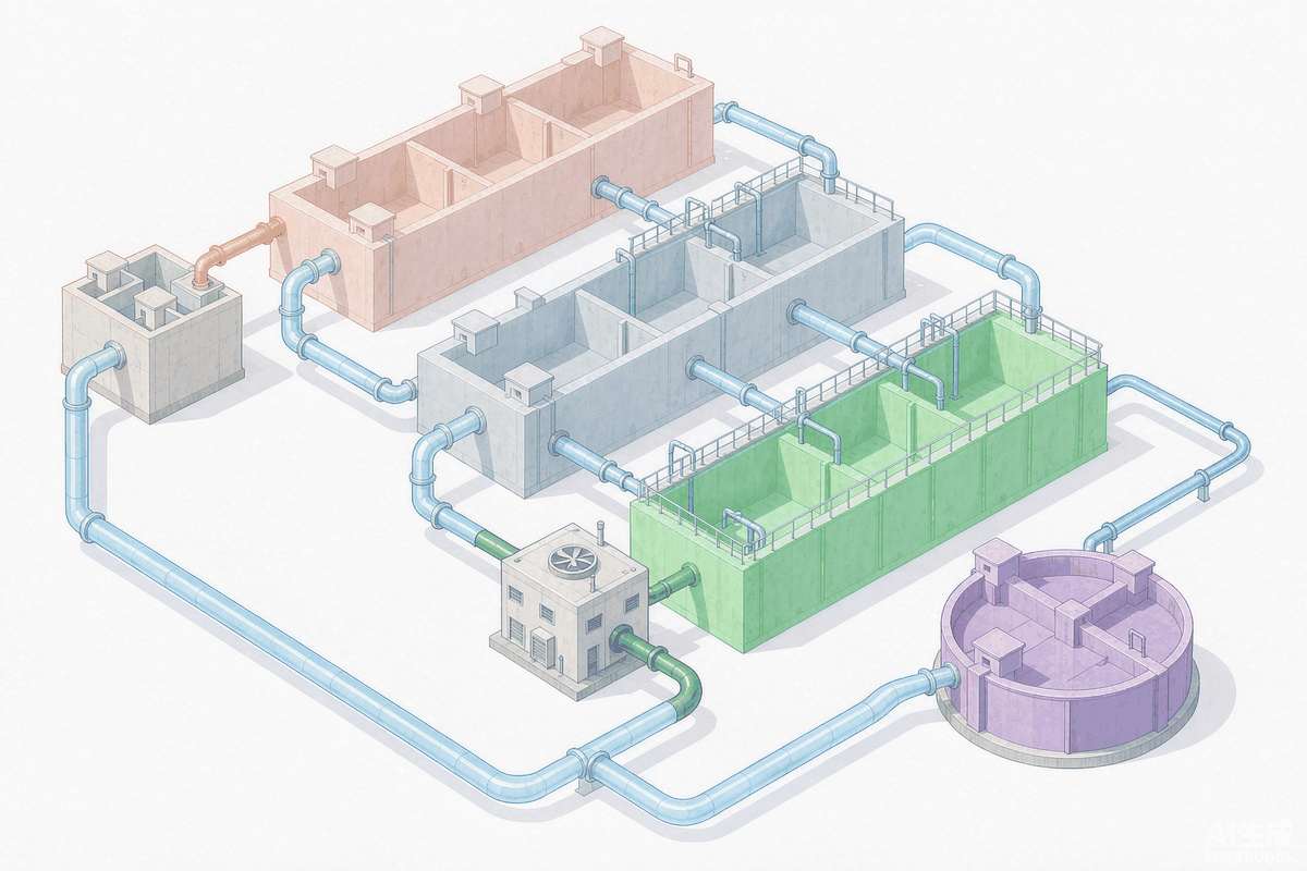 A²/O process flow diagram: anaerobic-anoxic-aerobic three-stage tanks, aeration blowers, secondary clarifier, sludge return and internal nitrified liquor return
