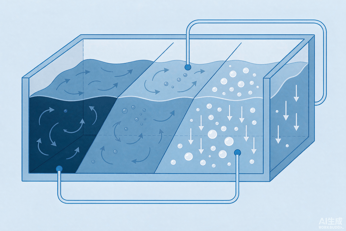 A²/O three-zone profile: anaerobic phosphorus release - anoxic denitrification - aerobic nitrification and phosphorus uptake, with sludge return and internal nitrified liquor recirculation as two loops