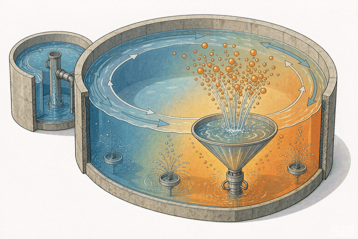 Oxidation ditch mechanism cross-section: ring-shaped ditch, surface aerator, submersible propeller, DO concentration gradient, secondary clarifier sludge return