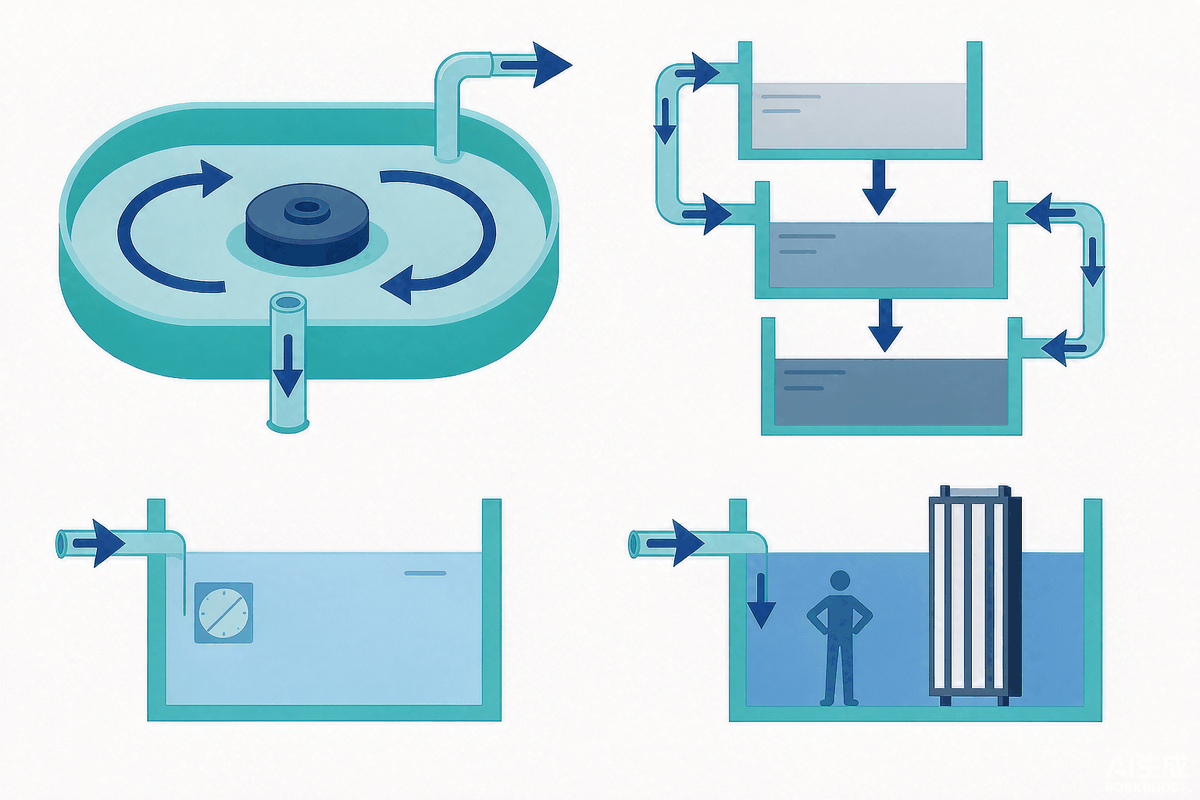 Schematic comparison of oxidation ditch with A2O, SBR, and MBR processes