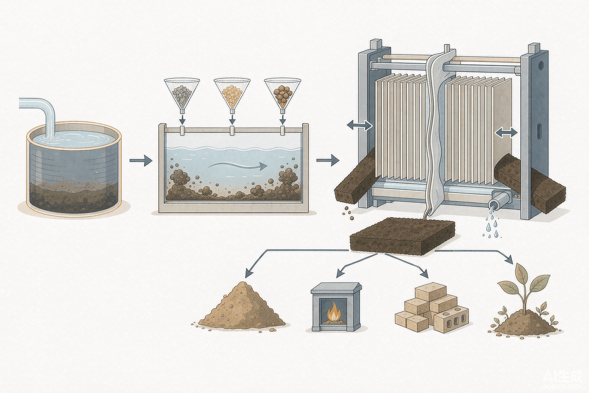 Schematic diagram of the process flow for sludge conditioning and diaphragm filter press deep dewatering and four disposal outlets