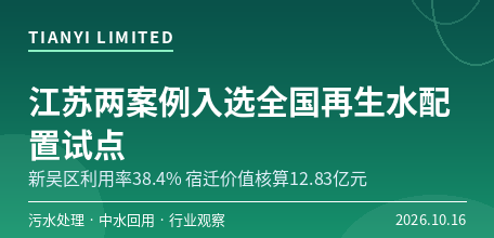 【中国大陆】江苏两案例入选全国典型地区再生水利用配置试点　无锡新吴区利用率达38.4%、宿迁核算生态产品价值12.83亿元